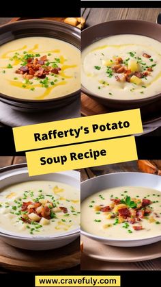 four pictures of different types of soup with bacon and cheese on top, in bowls