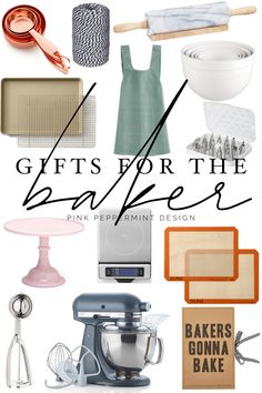 the words gifts for the baker on top of an image of kitchen appliances and baking utensils