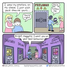 a comic strip with two people talking to each other in front of an atm machine