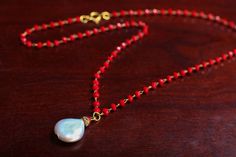 "Freshwater Pearl Charm Pendant with Dainty Ruby Red Crystal 3mm Rondelle Wire Wrapped Rosary Chain Gold Necklace (Picture Shown 16\" Necklace)" Red Briolette Necklaces For Jewelry Making, Red Briolette Beads For Jewelry Making, Handmade Red Briolette Necklace, Chain Gold Necklace, Gold Rosary, 16 Necklace, Coin Pearls, Rosary Chain, Chain Gold