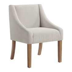 an upholstered chair with wooden legs and a light colored fabric seat cover, on a white background