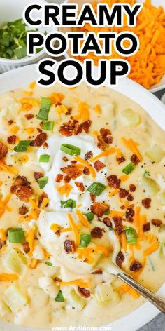 this creamy potato soup is loaded with cheese and bacon