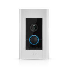 the ring video door phone is white and has a blue circle around it's center