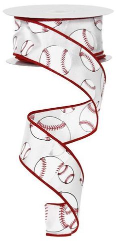 a white and red ribbon with baseballs printed on it, in the shape of a spiral