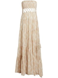 ivory white/sand beige cotton cut-out detailing square neck strapless tassel details tiered skirt pull-on style maxi Cinq A Sept, Denim Chic, Strapless Maxi Dress, Sand Beige, Gown Dress, Summer Staples, Tier Skirt, White Sand, Beaded Dress