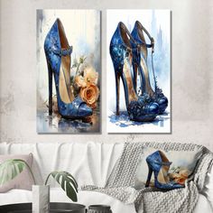 two paintings of blue high heels with flowers on them