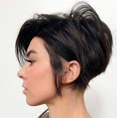 Stacked Bixie Cut on Dark Hair Women's Razor Haircut, Short Spunky Haircuts, Razor Haircuts For Women Short, Messy Bob Hairstyles For Thick Hair, Short Choppy Haircuts Messy Pixie, Short Choppy Hair Edgy Messy Pixie, Messy Short Hairstyle Women, Razor Cut Hairstyles Short, Razored Bob Haircut Choppy Layers