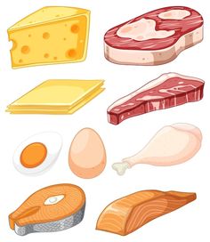 an assortment of meats and cheeses on a white background illustration in cartoon style