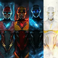 the flash and cy - man costumes are shown in three different colors, including red, yellow, and blue