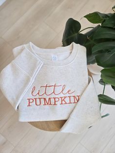 Little Pumpkin sweatshirt for toddlers. If interested in something more personalized, please message us as we are always happy to create more custom pieces! Because these are one of a kind, returns are not accepted. Each item is made to order. We are unable to replace/refund purchases based on color and font selections, so please make sure to be very specific and make the correct selections when ordering. Reach out to us with any questions. We will do our best to make sure that you are completely satisfied with your order. Care Instructions: Machine wash cold gentle cycle. Tumble dry low. No bleach. White Letter Embroidery Sweater For Fall, Cute Embroidered Text Tops For Fall, Cute Tops With Embroidered Text For Fall, Customizable White Sweatshirt For Fall, Customizable Cotton Fall Sweater, Customizable Cotton Sweater For Fall, Customizable Cute Tops For Fall, Cute Sweater With Letter Embroidery For Fall, Cute Custom Embroidered Tops For Fall