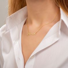 "D E S C R I P T I O N Script Name Necklace * Material: High Quality Solid 925 Sterling Silver * Dimensions: Depending on your font choice, height sizes range from 30 mm to 40 mm lowercase. * Finish: Sterling Silver ∙ 18K Gold ∙ Rose Gold ∙ * All our jewelry is custom made by hand with Love and Care in our workshop * The length option is the TOTAL chain length . If you order an 40 CM plus a 3cm extesnsion\" 1\" extension * All items are nicely packaged ready to gift in elegant jewelry boxes. * I Elegant Customized Necklaces For Everyday, Custom Sterling Silver Elegant Necklace, Elegant Sterling Silver Custom Necklace, Elegant Custom Sterling Silver Necklace, Elegant Handmade Pendant Name Necklace, Elegant Handmade Nameplate Jewelry, Elegant Handmade Name Necklace For Anniversary, Handmade Elegant Nameplate Necklace, Elegant Handmade Nameplate Necklace