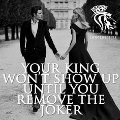 a man and woman holding hands while walking down a street with the caption your king won't show up until you remove the joker