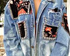 Jean jacket hippie boho embellished colorful denim jean jacket | Etsy Trendy Denim Jacket For Fall Festival, Bohemian Denim Jacket For Fall, Bohemian Denim Jacket With Pockets For Fall, Bohemian Denim Jacket With Patches For Fall, Bohemian Distressed Denim Outerwear, Hippie Patchwork Denim Jacket For Fall, Spring Bohemian Distressed Outerwear, Fall Embellished Cotton Denim Jacket, Trendy Denim Jacket With Pockets For Festivals