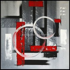 an abstract painting with red, black and white colors