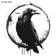 a black crow sitting on top of a circle with paint splatters around it