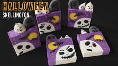 six halloween gift bags with skulls and bones on them, all decorated in white and purple