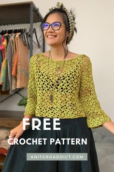 Free crochet top pattern with lace design using the drunken granny crochet stitch. Includes women's sizes XS-XXL Lace Top Patterns, Crochet Blouse Free Pattern, Crochet Blouse Pattern, Summer Top Pattern, Gilet Crochet, Crochet Jumper, Crochet Sweater Pattern Free, Crochet Ladies Tops, Crochet Tops Free Patterns