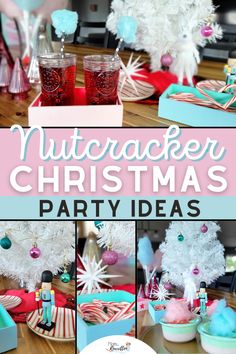 nutcracker christmas party ideas with pink, blue and white decorations on the table