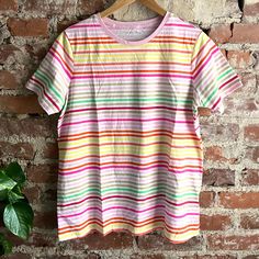 Lands’ End Pink & Yellow Striped Classic Crewneck Short Sleeve T-Shirt Nwot Casual Yellow T-shirt For Loungewear, Yellow Summer T-shirt For Loungewear, Yellow T-shirt For Summer Loungewear, Colorful Crew Neck Summer Tops, Colorful Crew Neck Top For Summer, Multicolor Rainbow Print T-shirt For Spring, Casual Rainbow Print Summer Tops, Casual Summer Tops With Rainbow Print, Pink Rainbow Print Top For Summer