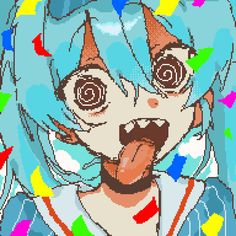 an anime character with blue hair and multicolored confetti on her face