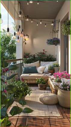 an outdoor porch with potted plants and lights hanging from the ceiling over the seating area