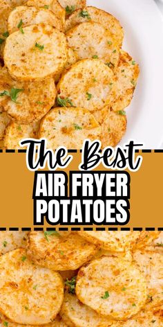 Overhead shot of plateful of air fryer potatoes at top and closeup overhead shot of air fryer potatoes at bottom. Potatoes In Air Fryer Recipe, Oven Baked Sliced Potatoes, Golden Potato Recipes, Potatoes In Air Fryer, Sous Vide Pork Chops, Russet Potato Recipes, Air Fryer Potatoes, Potato Side Dishes Easy, Fried Potatoes Recipe