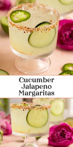 cucumber jalapeno margaritas are served in glasses with garnishes