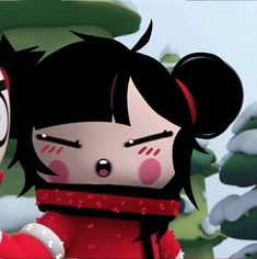 two cartoon characters are standing in front of some snow covered trees, one is wearing a red scarf and the other has black hair