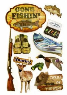 some fishing related items are displayed on a white background with the words gone fishin