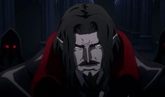 an evil looking man with red eyes and long black hair, standing in front of other demonic