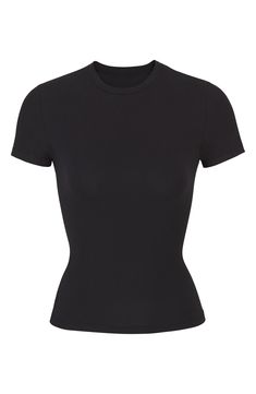 A tried-and-true classic, this fitted tee made from stretch-cotton jersey is from Kim Kardashian West's highly sought-out SKIMS. 21 1/2" length (size Medium) Crewneck 90% cotton, 10% elastane Machine wash, tumble dry Imported Women's Clothing Cute Black Top Outfits, Black Fitted Shirt, Tshirt Png, Fitted Tee, Basic T Shirt, Dream Clothes, Leather Leggings, Basic Tees, Black Top