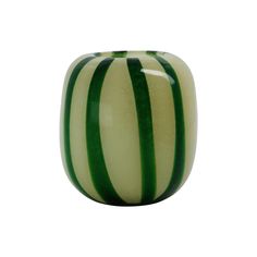 a green and white striped vase on a white background