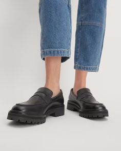 The Lug Loafer Black – Everlane Classic Slip-on Moccasins With Lug Sole, Workwear Slip-on Moccasins With Lug Sole, Fall Slip-on Loafers With Moc Toe, Workwear Loafers With Vibram Sole And Round Toe, Moc Toe Platform Loafers With Leather Footbed For Workwear, Leather Moc Toe Loafers With Lug Sole, Leather Slip-on Shoes With Vibram Sole For Work, Moc Toe Platform Loafers With Lug Sole For Work, Casual Platform Loafers With Vibram Sole And Round Toe