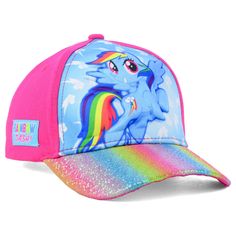 a pink and blue baseball cap with a rainbow pony on it's front side