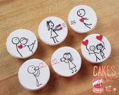 four cakes decorated to look like people holding hands and hearts with faces drawn on them