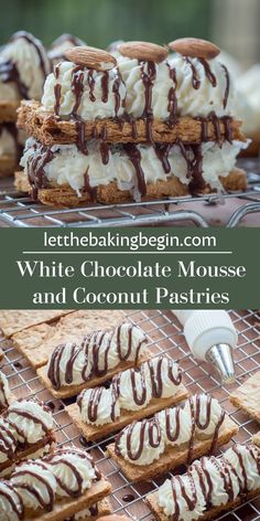 white chocolate mousse and coconut pastries on a cooling rack with text overlay