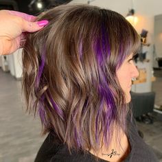 Purple Peekaboo Hair, Purple Highlights Brown Hair, Under Hair Color, Bold Highlights, Peekaboo Hair Colors, Fantasy Hair Color, Peekaboo Highlights, Peekaboo Hair, Vivid Hair Color