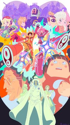 an anime poster with many different characters on it's face and in the background