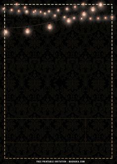 a black and gold background with some lights on the top, and an ornate pattern in the bottom corner