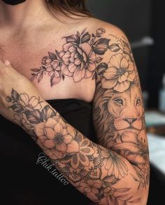 Half Sleeve Tattoo Women Full Arm Tattoo Ideas, Lioness Sleeve Tattoos For Women, Inner Tricep Tattoo Women, Tattoo Shoulder Sleeve, Shoulder Sleeve Tattoos For Women, Full Arm Tattoos For Women, Christian Sleeve Tattoos For Women, Floral Tattoo Design Sleeve, Fye Tattoos