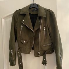 Zara Motorcycle Jacket Never Worn Tag Not Attached. Stunning Perfect Condition Khaki Long Sleeve Leather Jacket For Spring, Zara Green Fall Outerwear, Zara Green Outerwear For Fall, Chic Green Biker Jacket For Winter, Green Long Sleeve Biker Jacket For Spring, Chic Green Biker Jacket For Fall, Trendy Green Cropped Jacket For Fall, Zara Leather Jacket Long Sleeve For Spring, Zara Fitted Biker Jacket