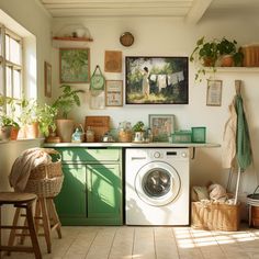 a washer and dryer in a small room with plants on the counter top