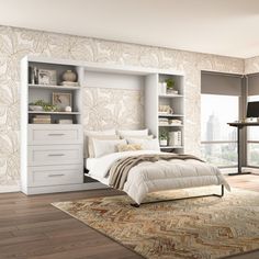 a bedroom with a bed, bookcases and rug in the floored room