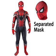 a spider - man costume with the words separated mask on it's chest and head