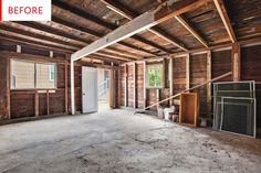 an empty room with wood paneling and exposed walls, before and after remodel