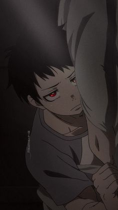 an anime character with red eyes hiding behind the arm of another character in a dark room