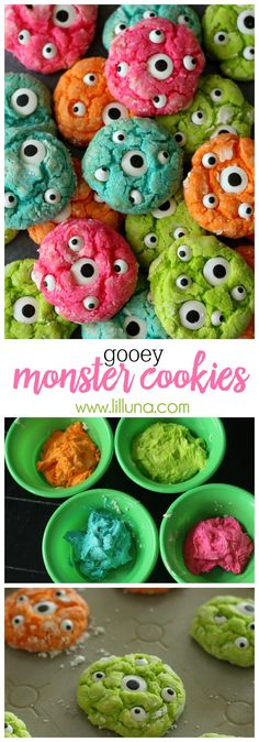 some monster cookies with gooey eyes and green frosting in bowls on the table