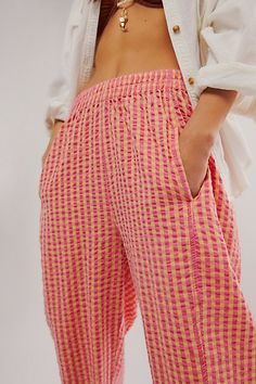 Perfect in poplin, these timeless pants will turn heads from this season to the next. **Fit:** Mid-rise, tapered barrel fit **Features:** Pull-on design, classic gingham print, side pockets, ankle-length inseam, crisp poplin fabrication **Why We ❤ It:** Classic with white sneakers or sleek with strappy heels, this pair has endless ways to wear. | Preppy Poplin Gingham Pants by Free People, Size: S Fun Pants Women, Preppy Gingham Bottoms For Summer, Preppy Gingham Bottoms In Short Length, Cute Gingham Cotton Bottoms, Preppy Gingham Cotton Bottoms, Playful Gingham Sets For Spring, Gingham Pants Outfit, Pants Preppy, Preppy Boutique