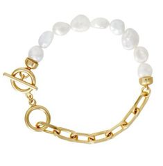 A modern take on classic pearls, the combination of pearls and brass links gives off the quintessential cool girl vibes. * Metal: Gold is 16K gold plated over brass with a satin finish * Length: 7.3 inches to first toggle ring and 8.2 inches to the second * Width: 6.9 mm * Gemstone: 8-10 mm freshwater pearl Elegant Metal Chain Bracelet With Pearl, Modern Gold Pearl Bracelets, Modern Gold Pearl Bracelet, Elegant Gold Baroque Pearl Bracelet, Chic Adjustable Pearl Bracelet With Pearl Charm, Classic Gold Pearl Bracelet For Everyday, Adjustable Gold Pearl Bracelet In Modern Style, Chic Adjustable Pearl Bracelet With Charm, Minimalist Baroque Pearl Bracelet