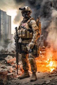 a soldier standing in front of a burning building